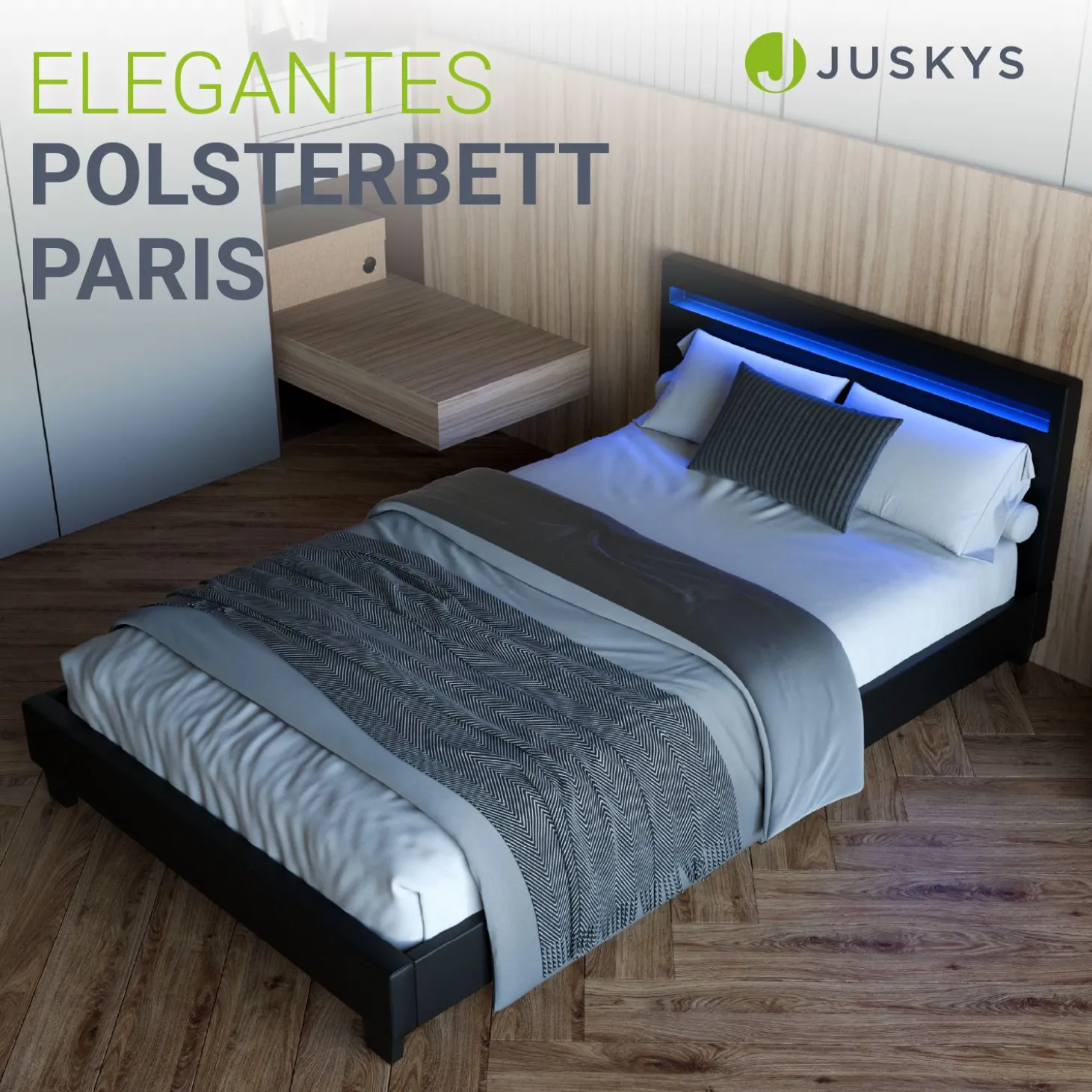 Polsterbett Paris Bettgestell mit LED-Beleuchtung und Lattenrost