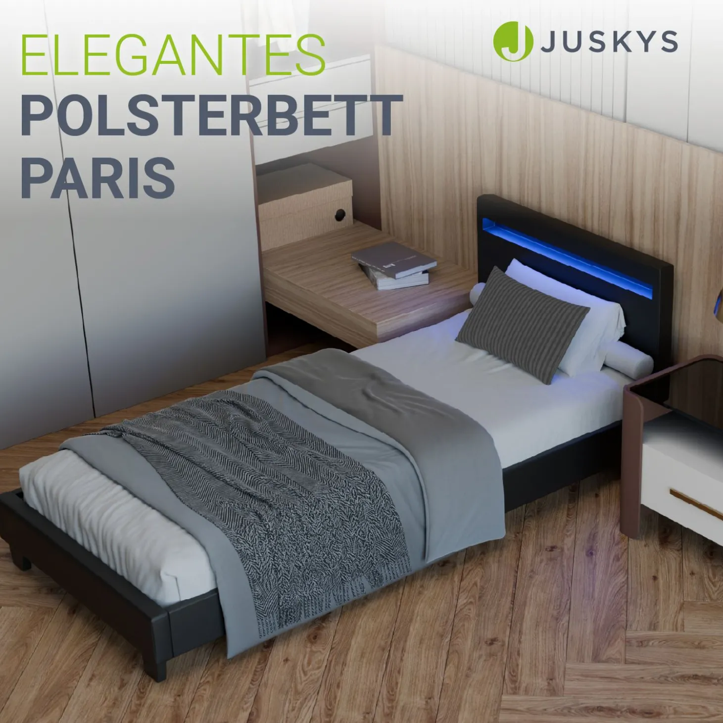 Polsterbett Paris Bettgestell mit LED-Beleuchtung und Lattenrost