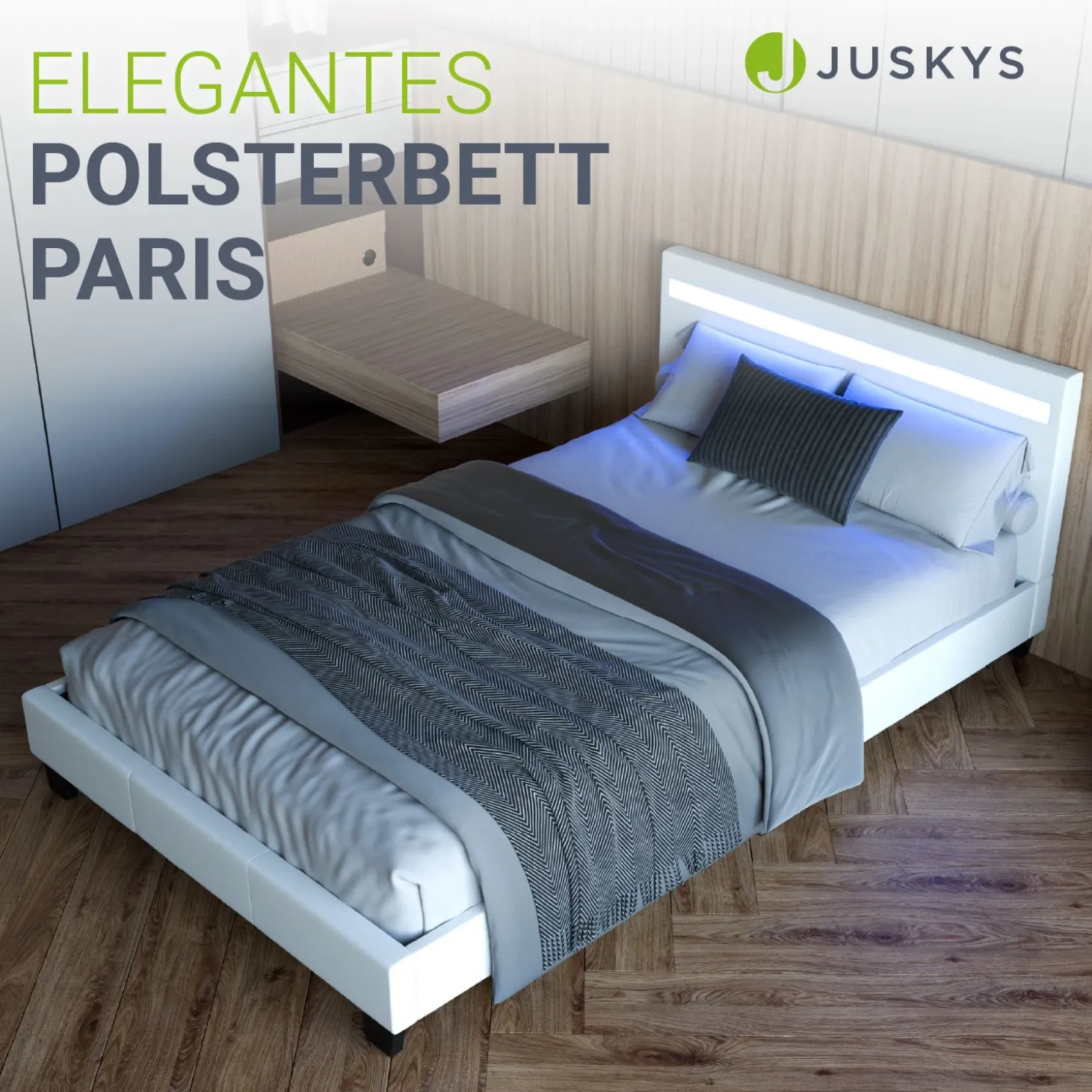Polsterbett Paris Bettgestell mit LED-Beleuchtung und Lattenrost