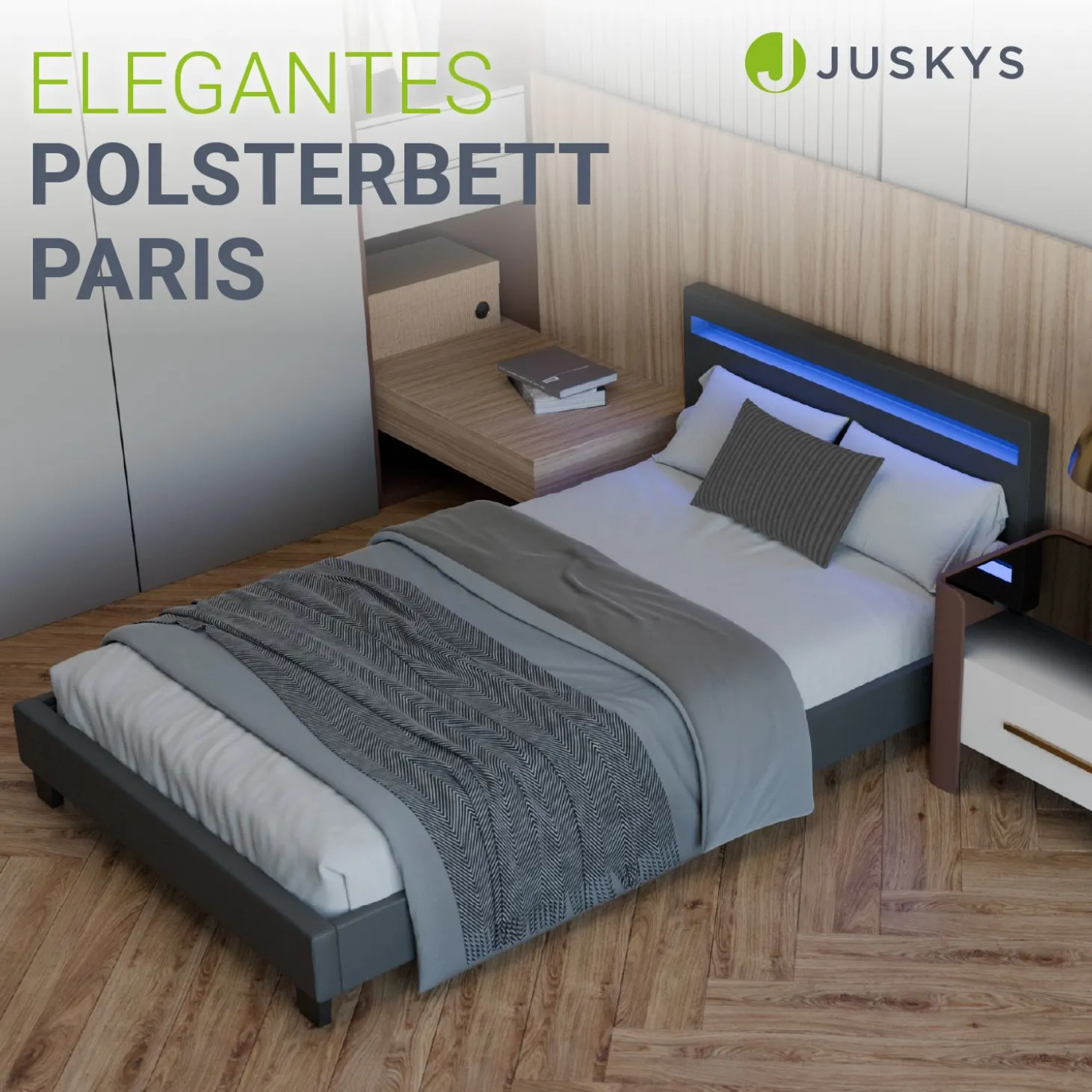 Polsterbett Paris Bettgestell mit LED-Beleuchtung und Lattenrost