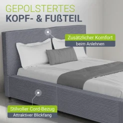 Polsterbett Salerno Bettgestell mit Cord Design, belastbar und pflegeleicht