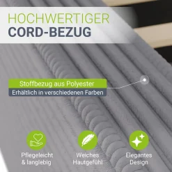 Polsterbett Salerno Bettgestell mit Cord Design, belastbar und pflegeleicht