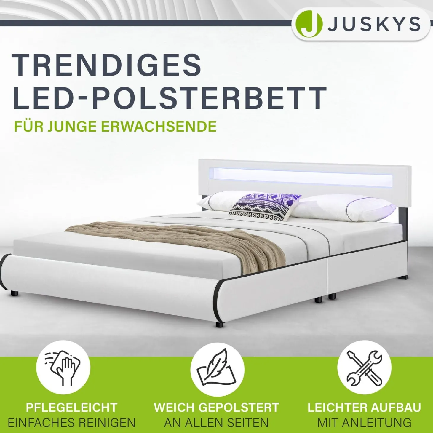 Polsterbett Sevilla Bettgestell mit LED-Beleuchtung und Lattenrost