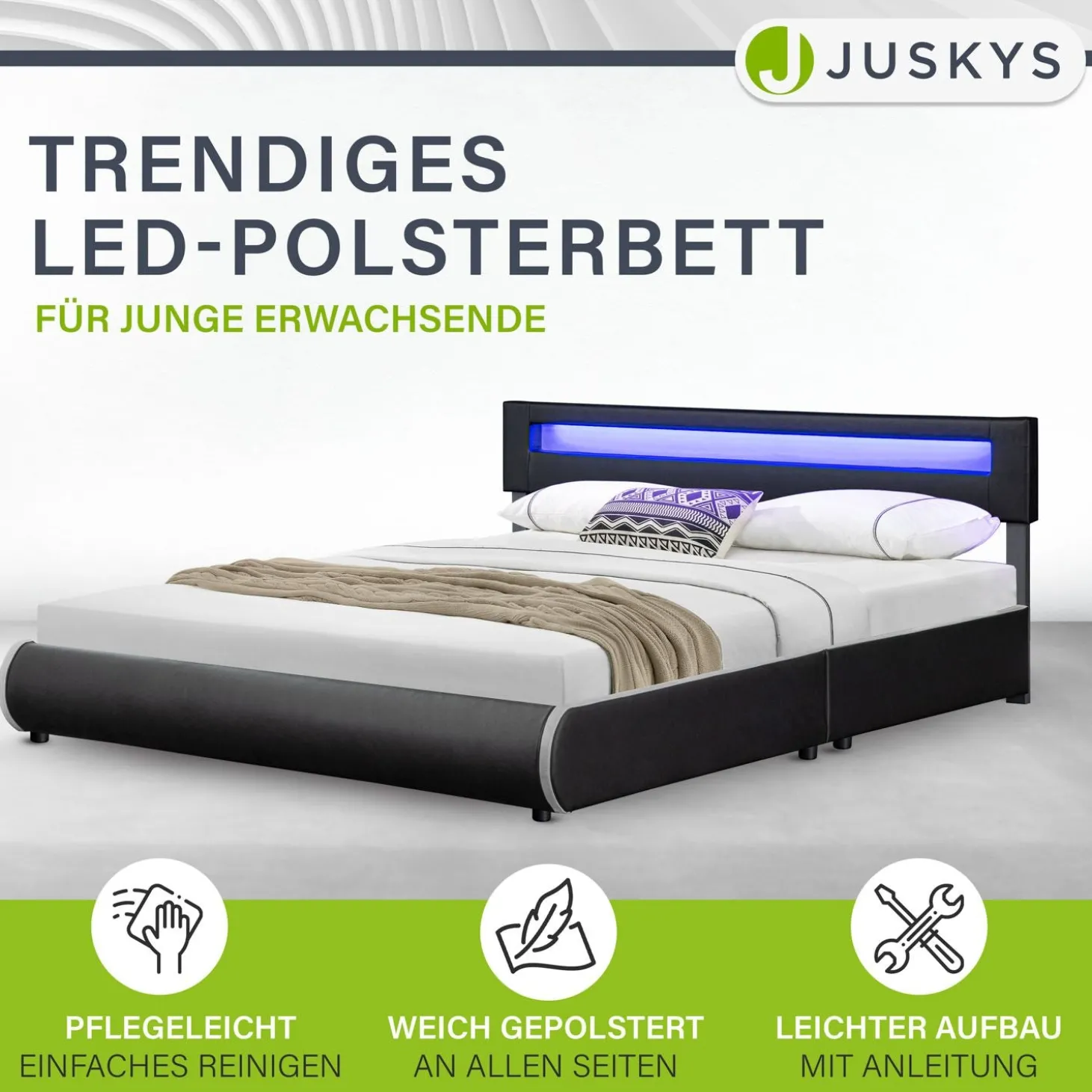 Polsterbett Sevilla Bettgestell mit LED-Beleuchtung und Lattenrost