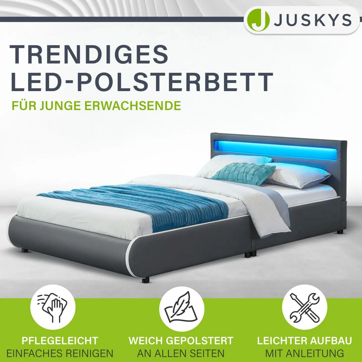 Polsterbett Sevilla Bettgestell mit LED-Beleuchtung und Lattenrost