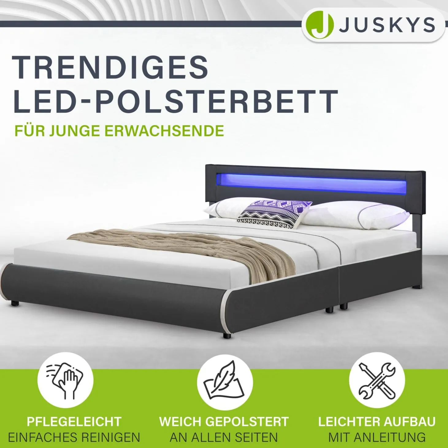 Polsterbett Sevilla Bettgestell mit LED-Beleuchtung und Lattenrost