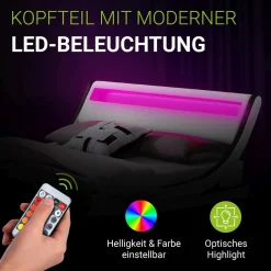 Polsterbett Valencia Bettgestell mit LED-Beleuchtung und Lattenrost
