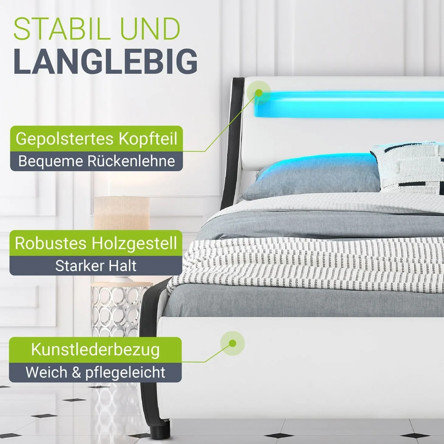Polsterbett Valencia Bettgestell mit LED-Beleuchtung und Lattenrost