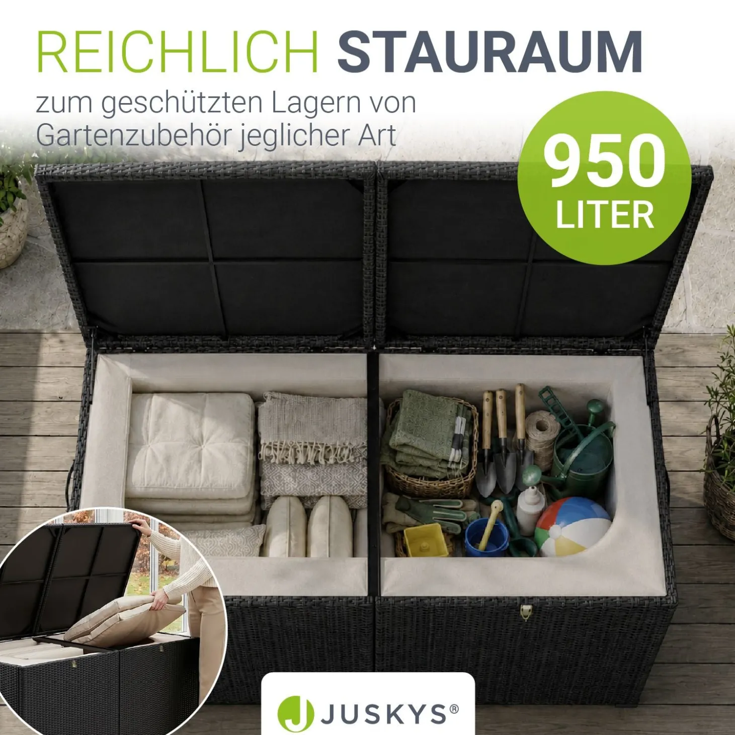 Polyrattan Auflagenbox Ikaria Gartenbox 950 Liter mit Deckel und herausnehmbarer Innenplane