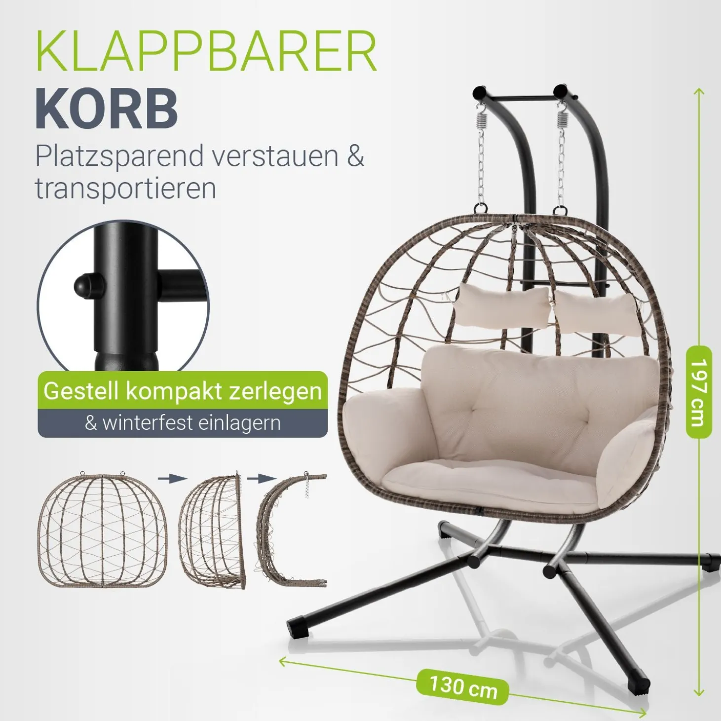 Polyrattan Doppelhängesessel Aria Mit Gestell & Kissen - Schaukel für 2 Personen