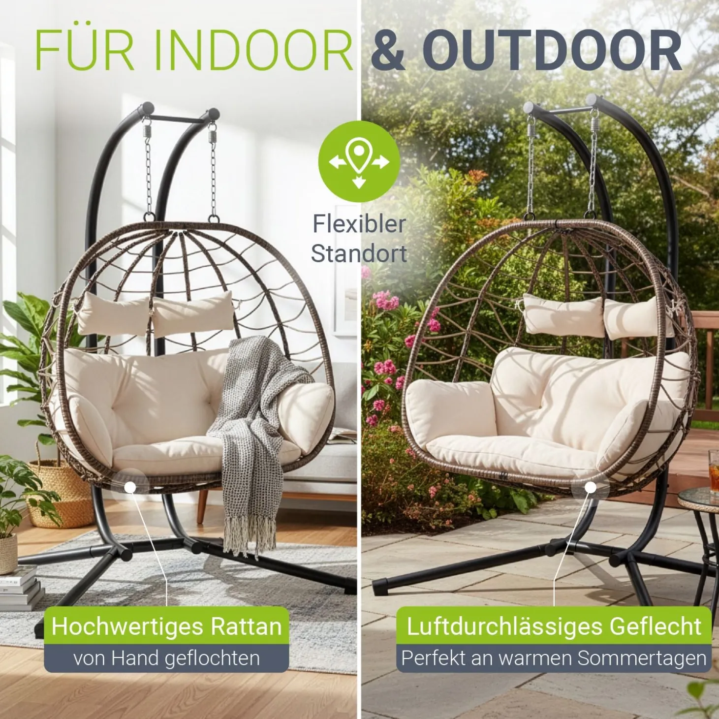 Polyrattan Doppelhängesessel Aria Mit Gestell & Kissen - Schaukel für 2 Personen