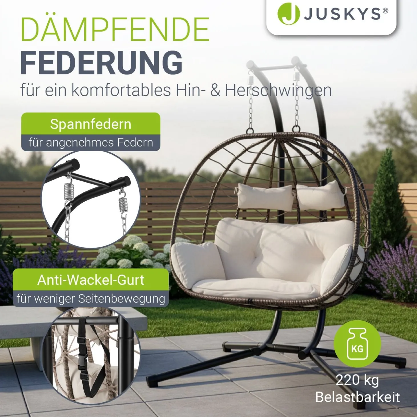 Polyrattan Doppelhängesessel Aria Mit Gestell & Kissen - Schaukel für 2 Personen