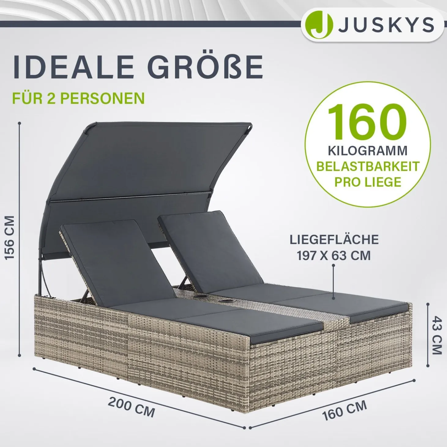 Polyrattan Doppelliege Syros Outdoor Liege für 2 Personen - mit Sonnendach & Auflagen