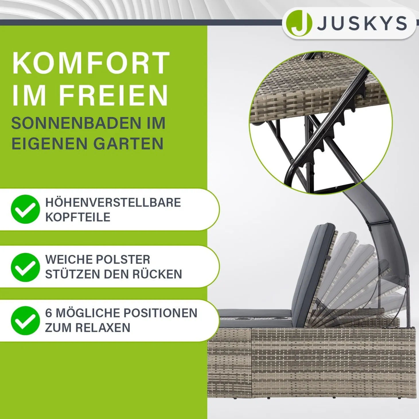 Polyrattan Doppelliege Syros Outdoor Liege für 2 Personen - mit Sonnendach & Auflagen