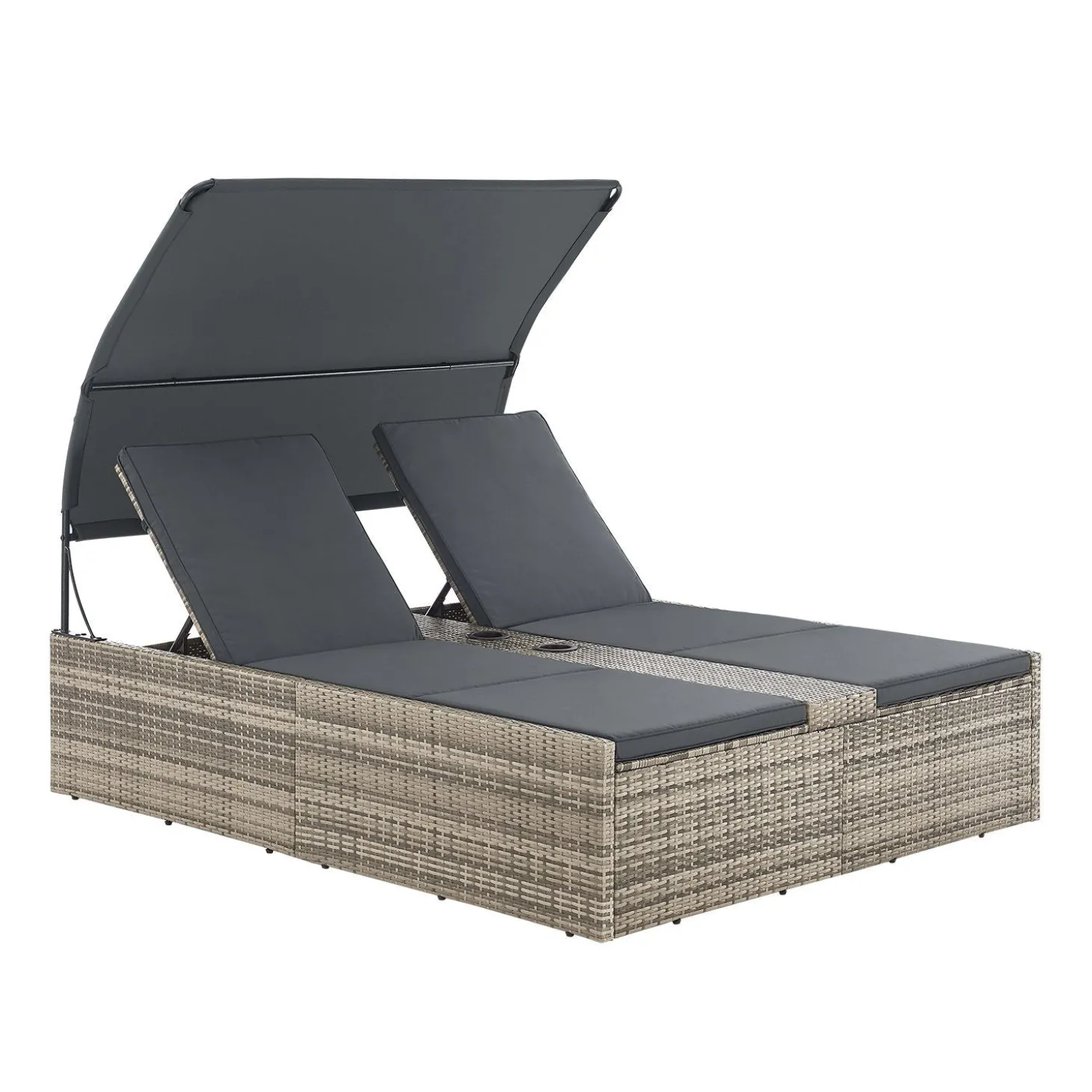Polyrattan Doppelliege Syros Outdoor Liege für 2 Personen - mit Sonnendach & Auflagen