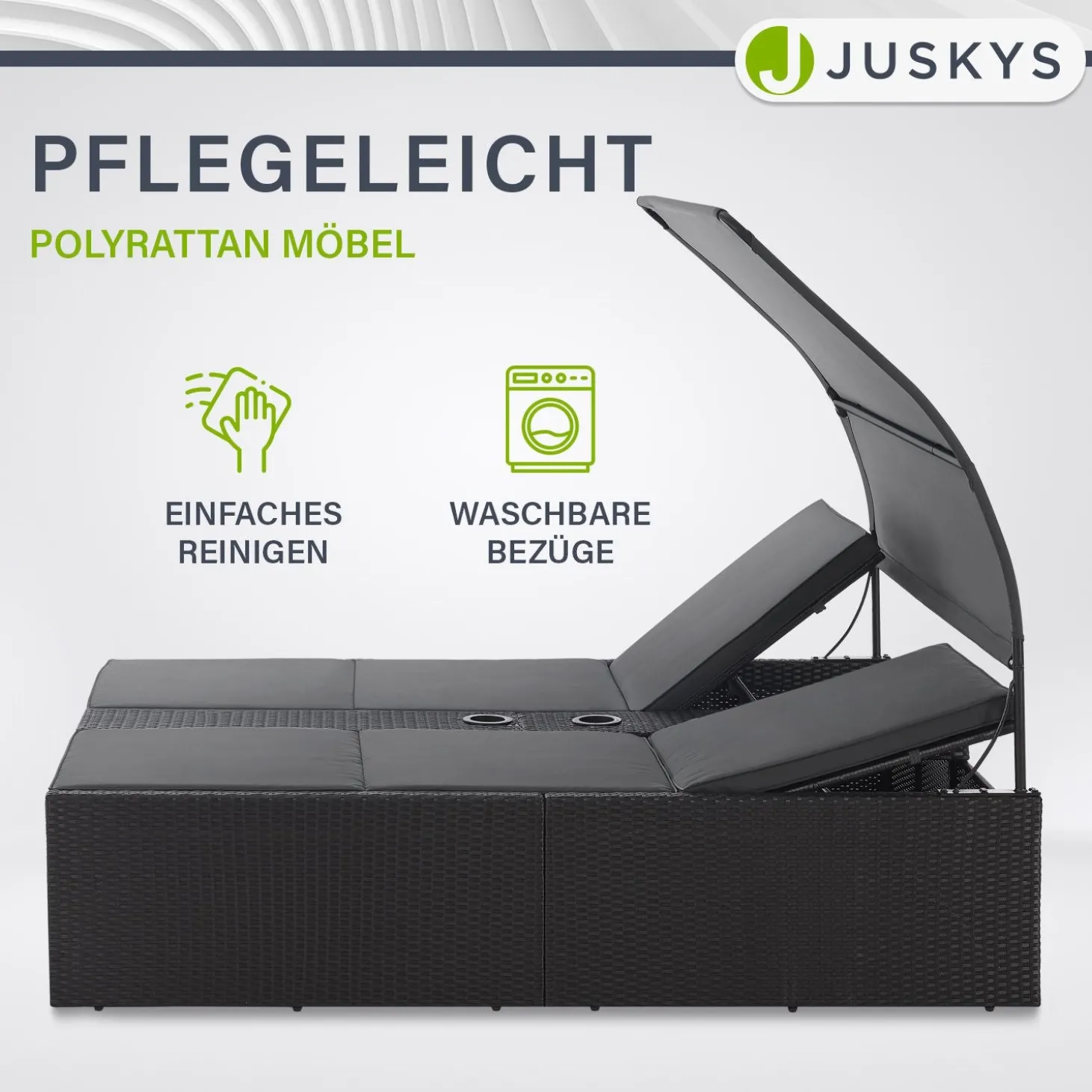 Polyrattan Doppelliege Syros Outdoor Liege für 2 Personen - mit Sonnendach & Auflagen