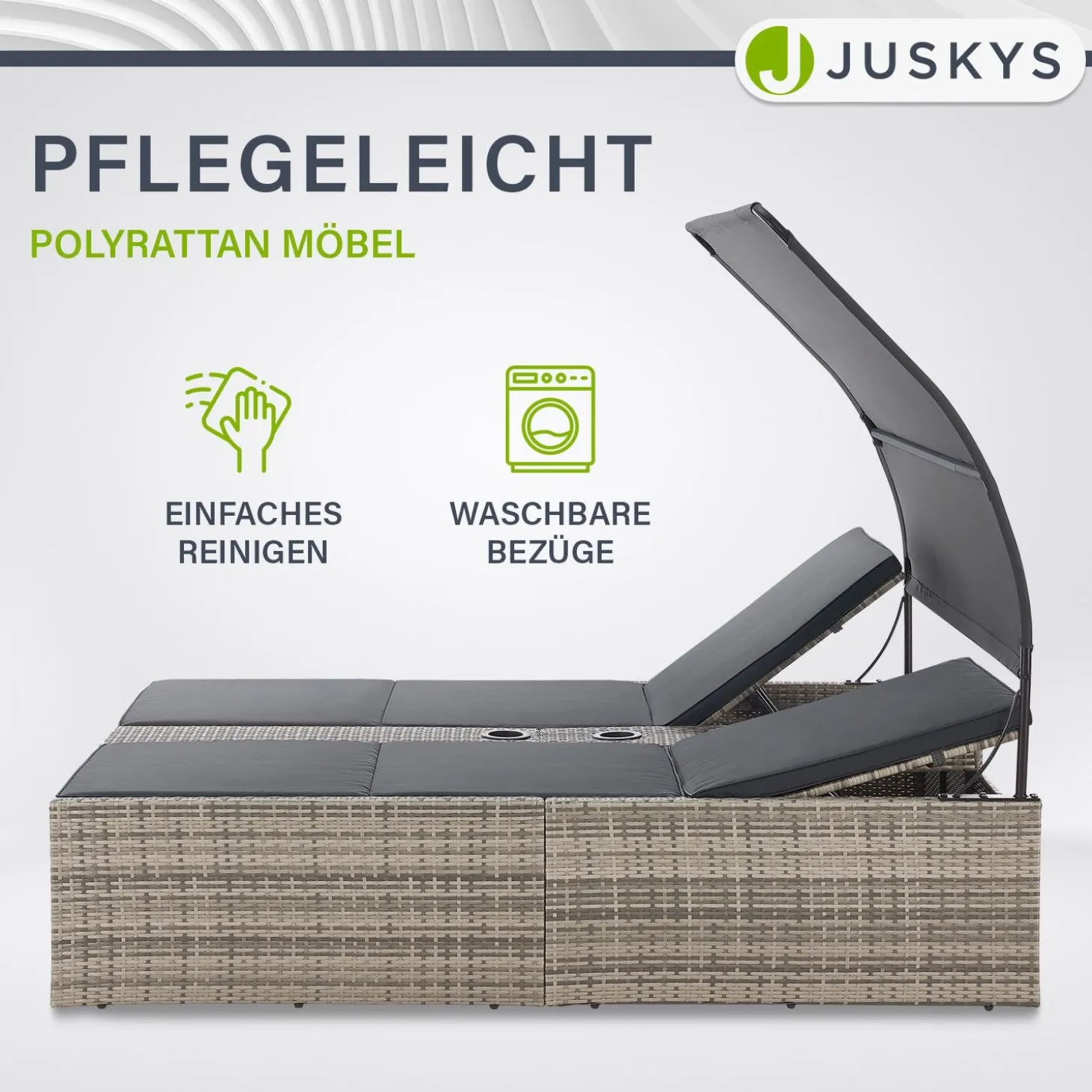 Polyrattan Doppelliege Syros Outdoor Liege für 2 Personen - mit Sonnendach & Auflagen