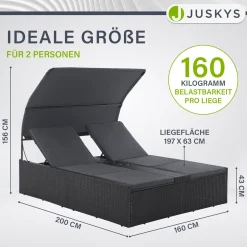 Polyrattan Doppelliege Syros Outdoor Liege für 2 Personen - mit Sonnendach & Auflagen