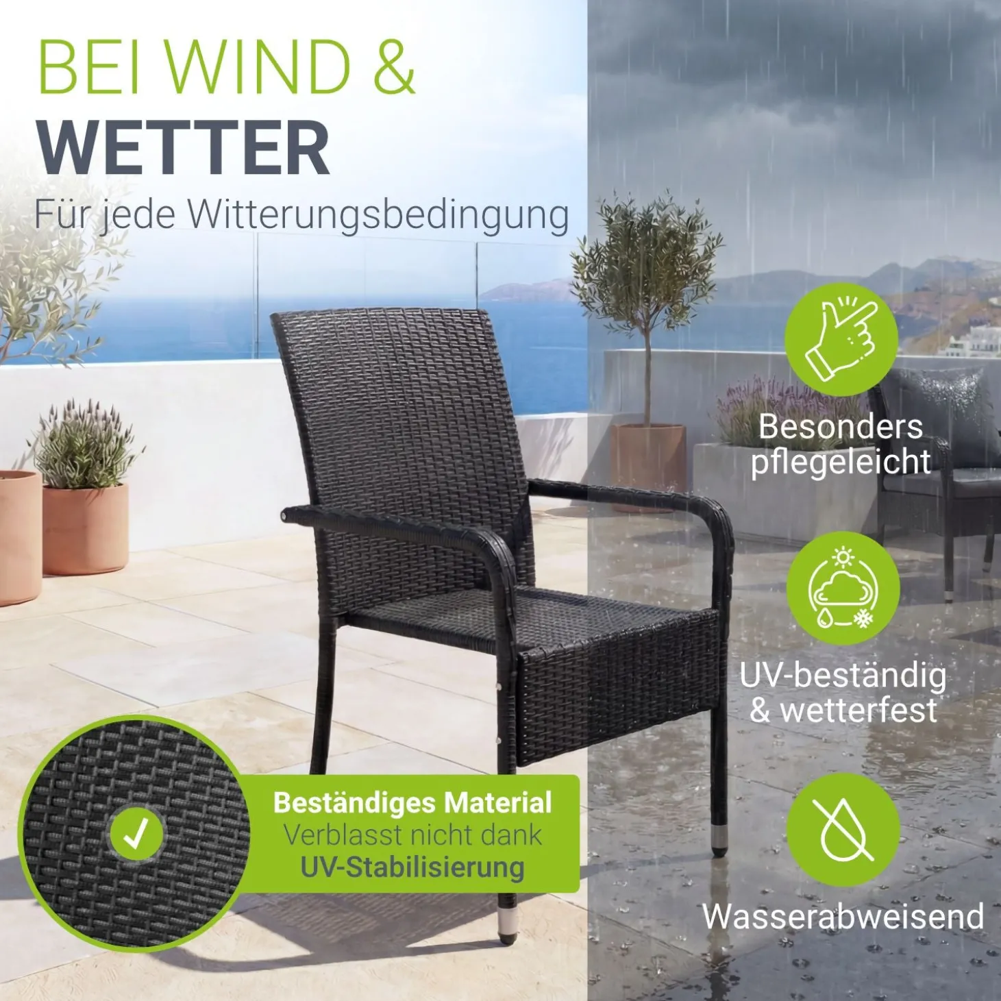 Polyrattan Gartenstühle Yoro Stapelbare Stühle 2er Set mit Stahlrahmen