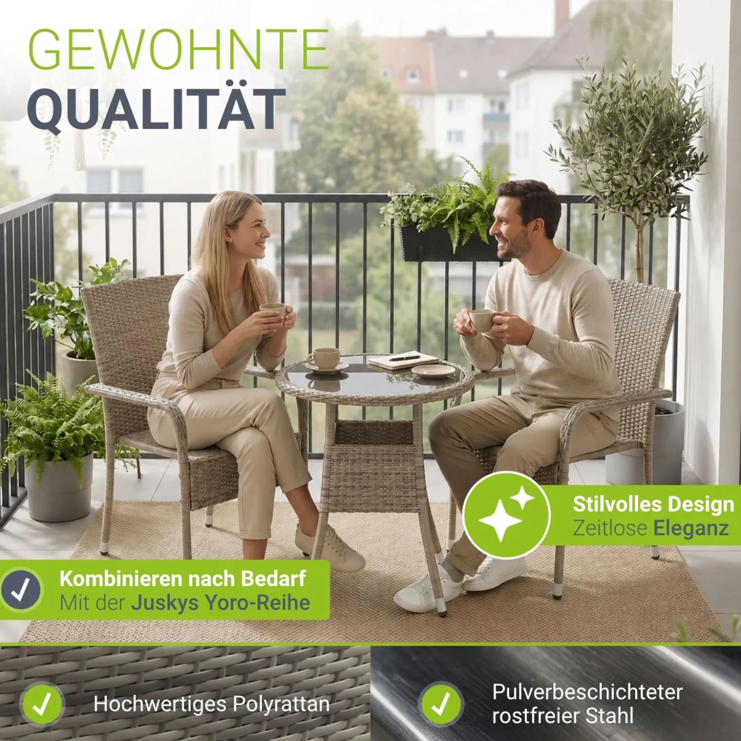 Polyrattan Gartenstühle Yoro Stapelbare Stühle 2er Set mit Stahlrahmen