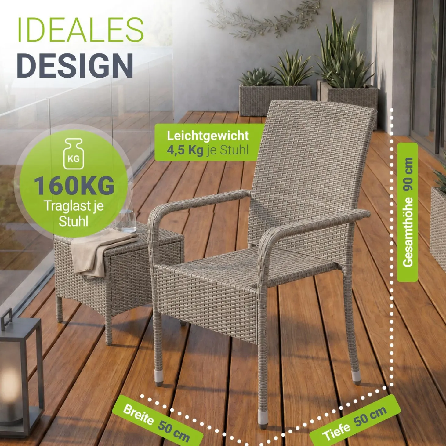 Polyrattan Gartenstühle Yoro Stapelbare Stühle 2er Set mit Stahlrahmen