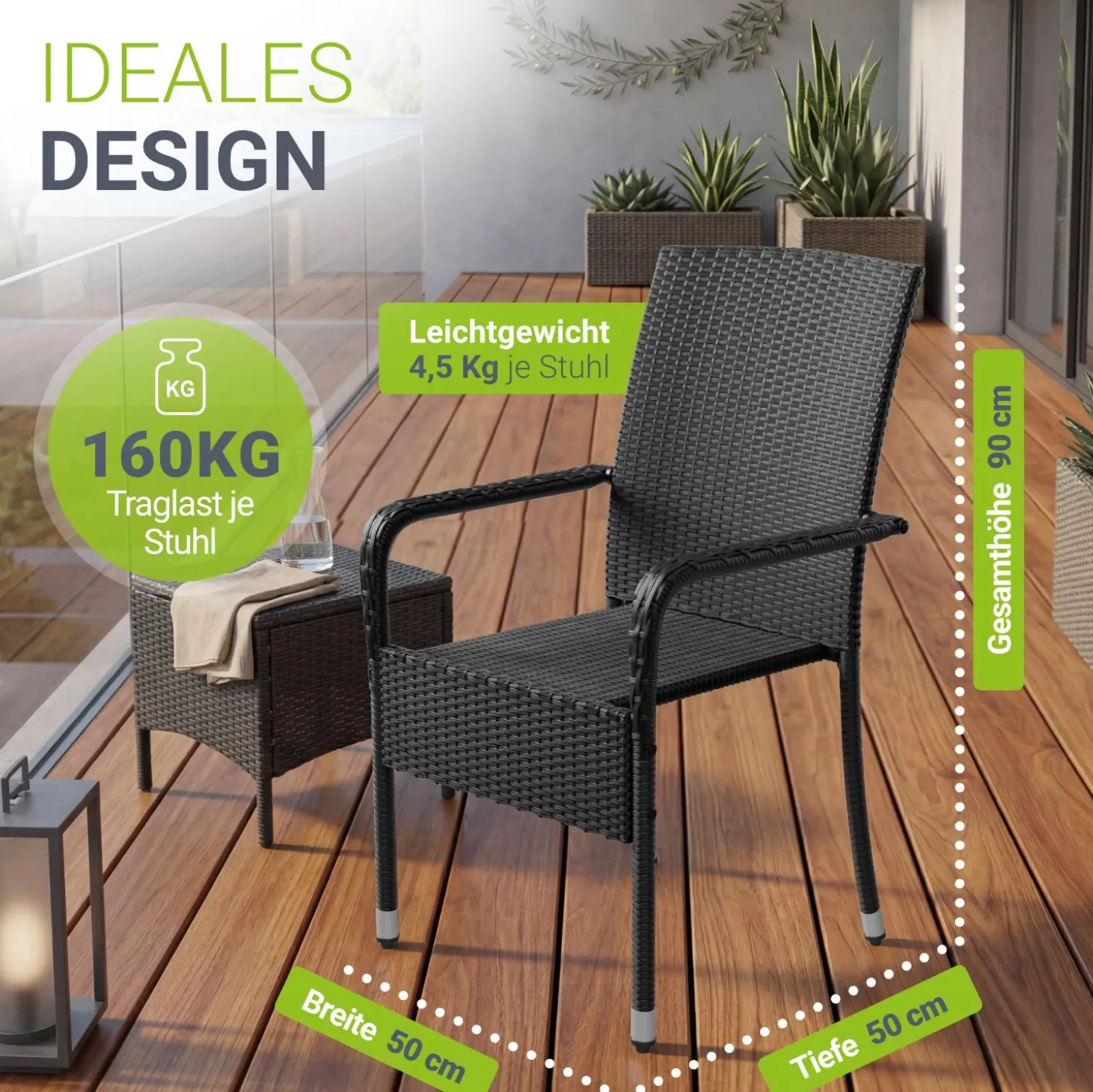 Polyrattan Gartenstühle Yoro Stapelbare Stühle 2er Set mit Stahlrahmen