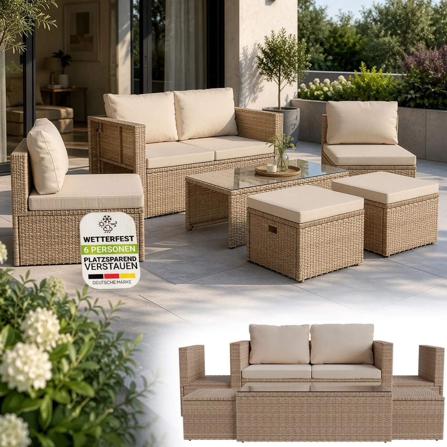 Polyrattan Lounge Salou Modulares Möbel-Set für 6 Personen inkl. Polster