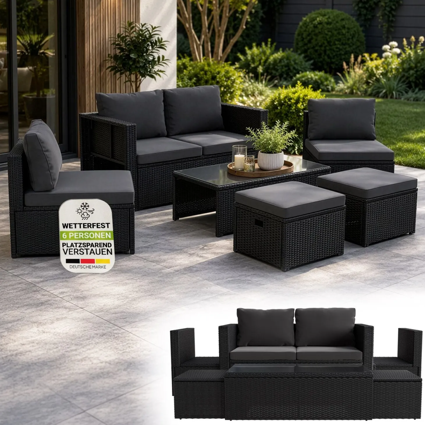 Polyrattan Lounge Salou Modulares Möbel-Set für 6 Personen inkl. Polster