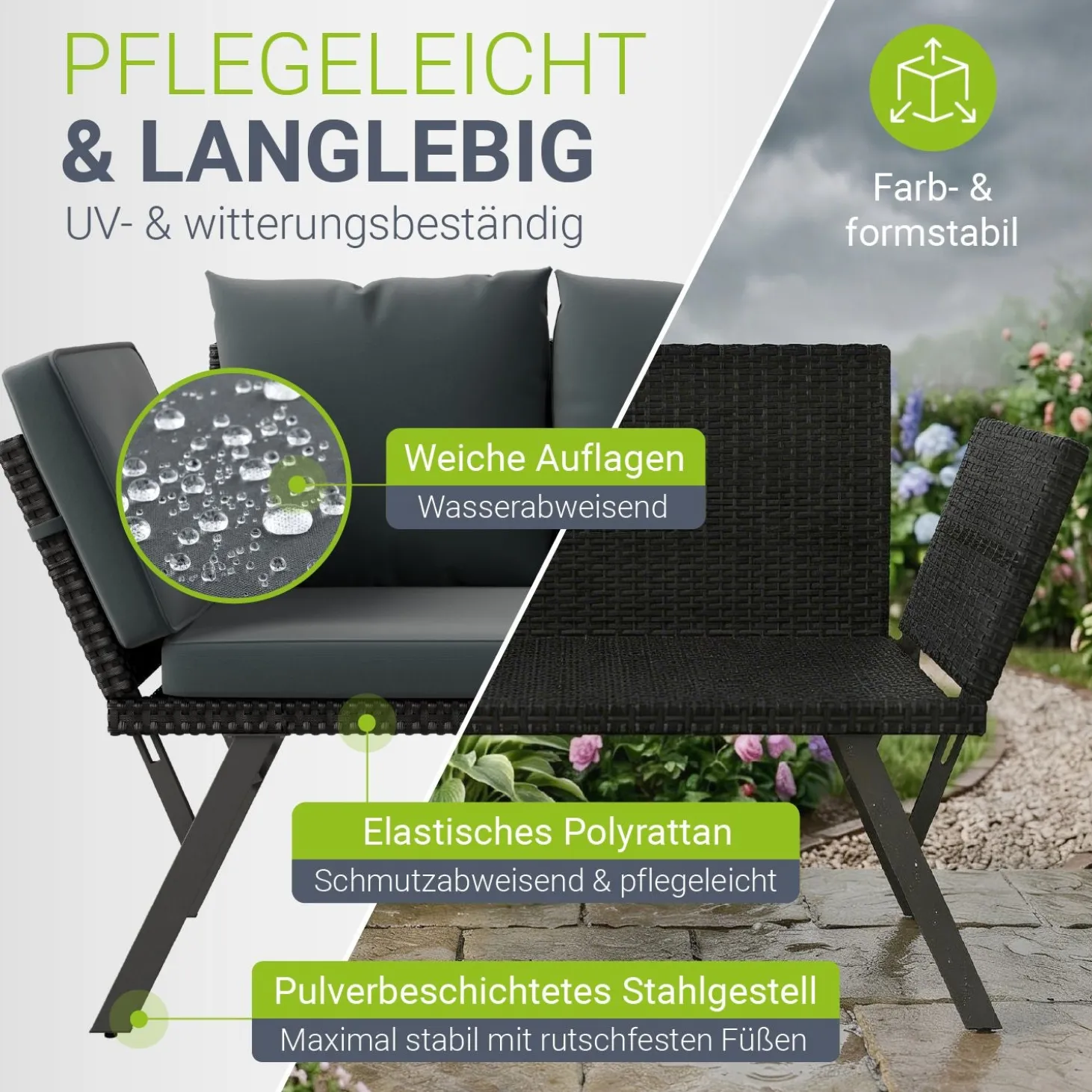 Polyrattan Multifunktionsbank Calvia Schwarz/Grau/Creme Wetterfestes Polyrattan Gartensofa mit Liegefunktion