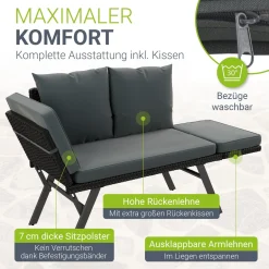 Polyrattan Multifunktionsbank Calvia Schwarz/Grau/Creme Wetterfestes Polyrattan Gartensofa mit Liegefunktion