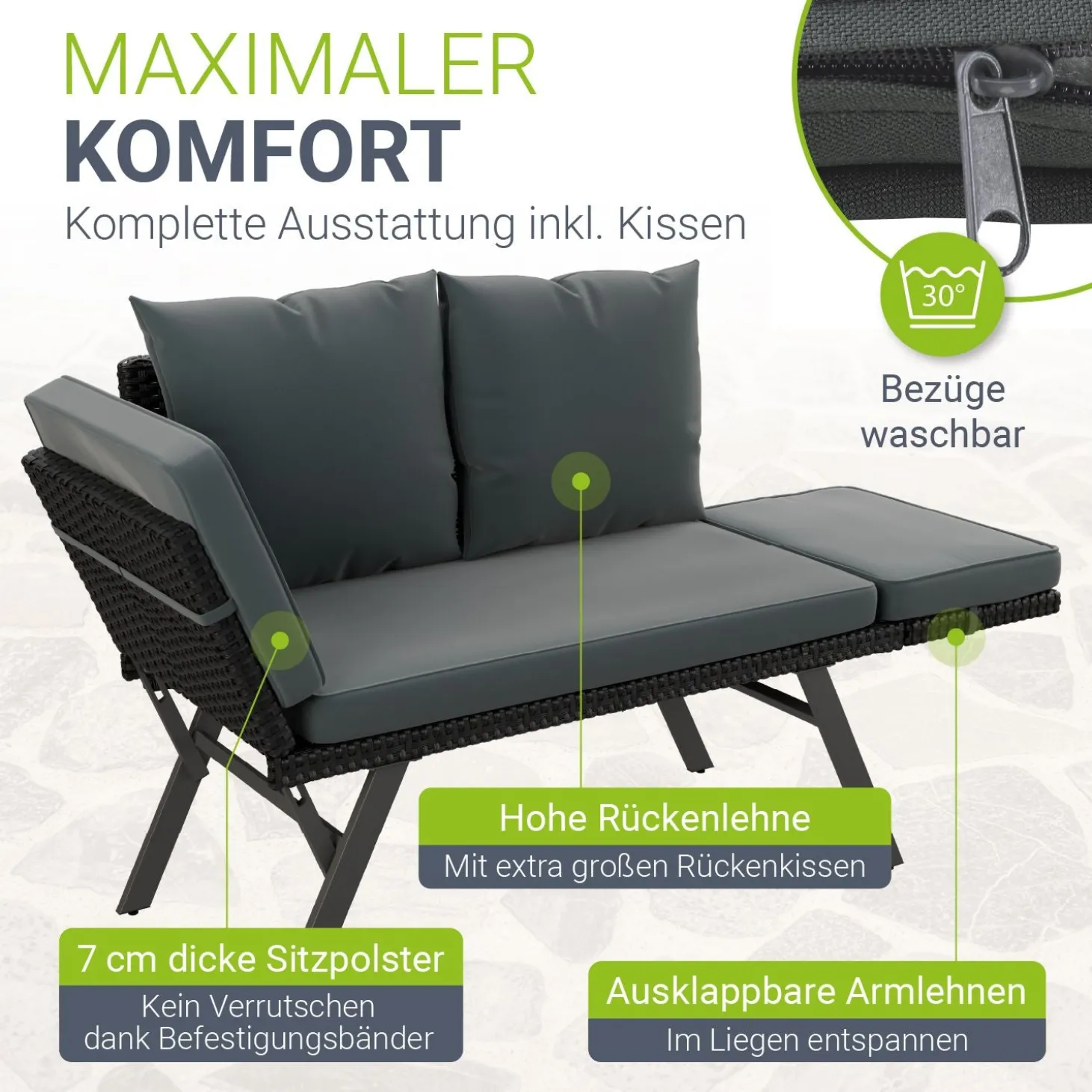 Polyrattan Multifunktionsbank Calvia Schwarz/Grau/Creme Wetterfestes Polyrattan Gartensofa mit Liegefunktion