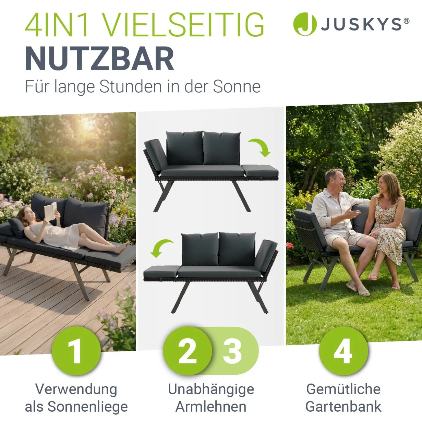 Polyrattan Multifunktionsbank Calvia Schwarz/Grau/Creme Wetterfestes Polyrattan Gartensofa mit Liegefunktion