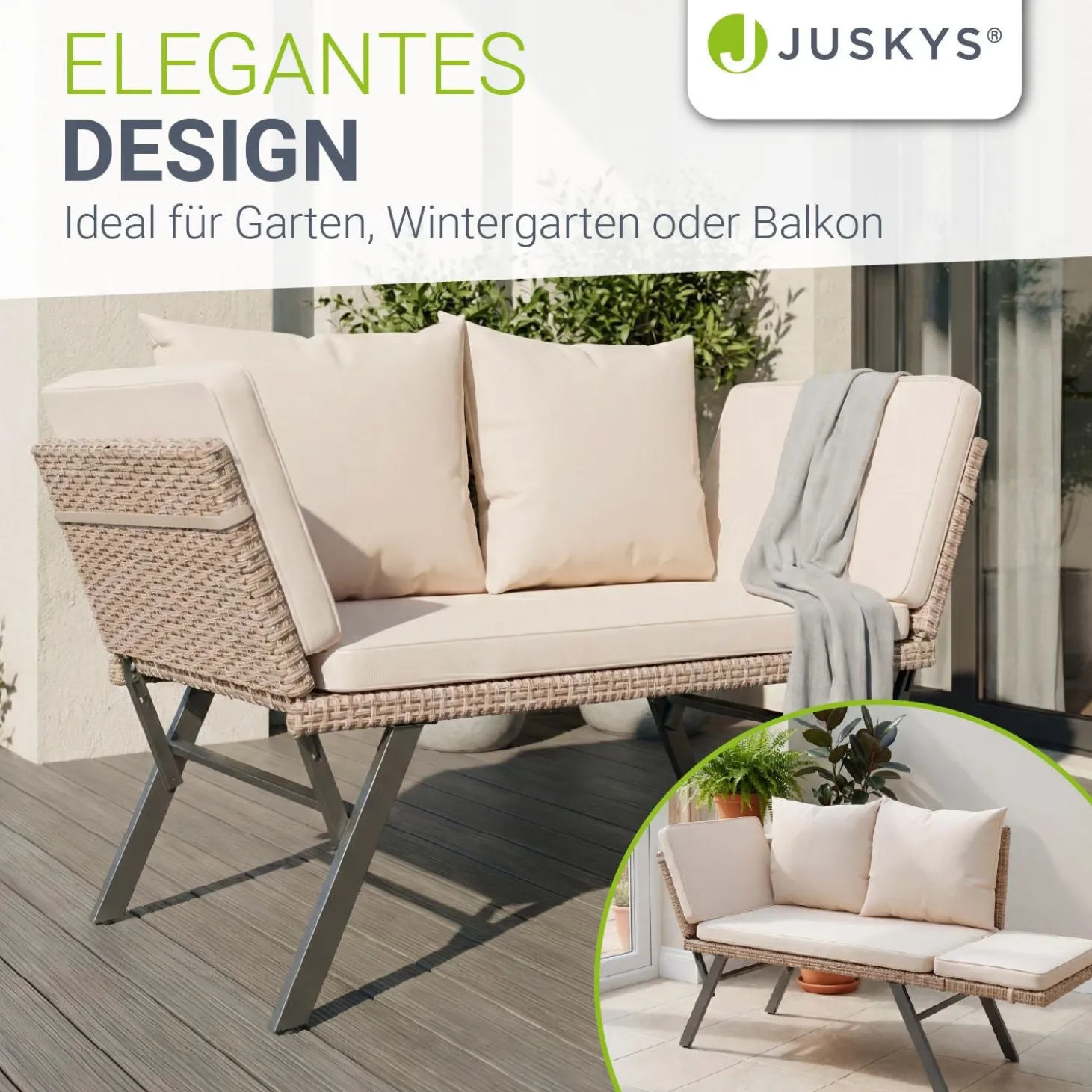 Polyrattan Multifunktionsbank Calvia Schwarz/Grau/Creme Wetterfestes Polyrattan Gartensofa mit Liegefunktion