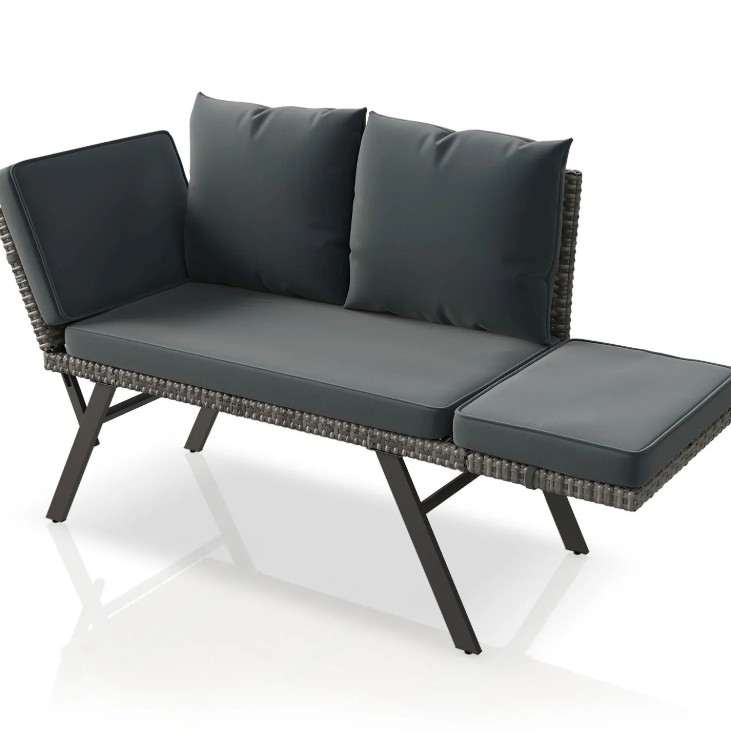 Polyrattan Multifunktionsbank Calvia Schwarz/Grau/Creme Wetterfestes Polyrattan Gartensofa mit Liegefunktion