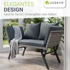 Polyrattan Multifunktionsbank Calvia Schwarz/Grau/Creme Wetterfestes Polyrattan Gartensofa mit Liegefunktion