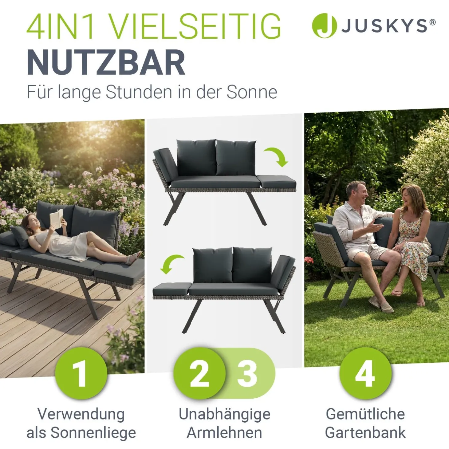 Polyrattan Multifunktionsbank Calvia Schwarz/Grau/Creme Wetterfestes Polyrattan Gartensofa mit Liegefunktion