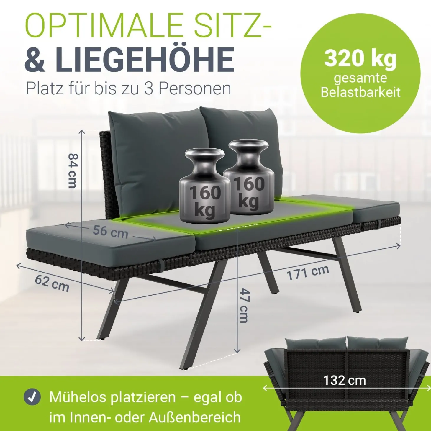 Polyrattan Multifunktionsbank Calvia Schwarz/Grau/Creme Wetterfestes Polyrattan Gartensofa mit Liegefunktion