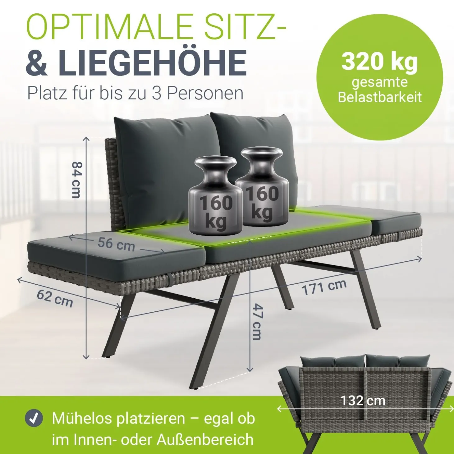 Polyrattan Multifunktionsbank Calvia Schwarz/Grau/Creme Wetterfestes Polyrattan Gartensofa mit Liegefunktion