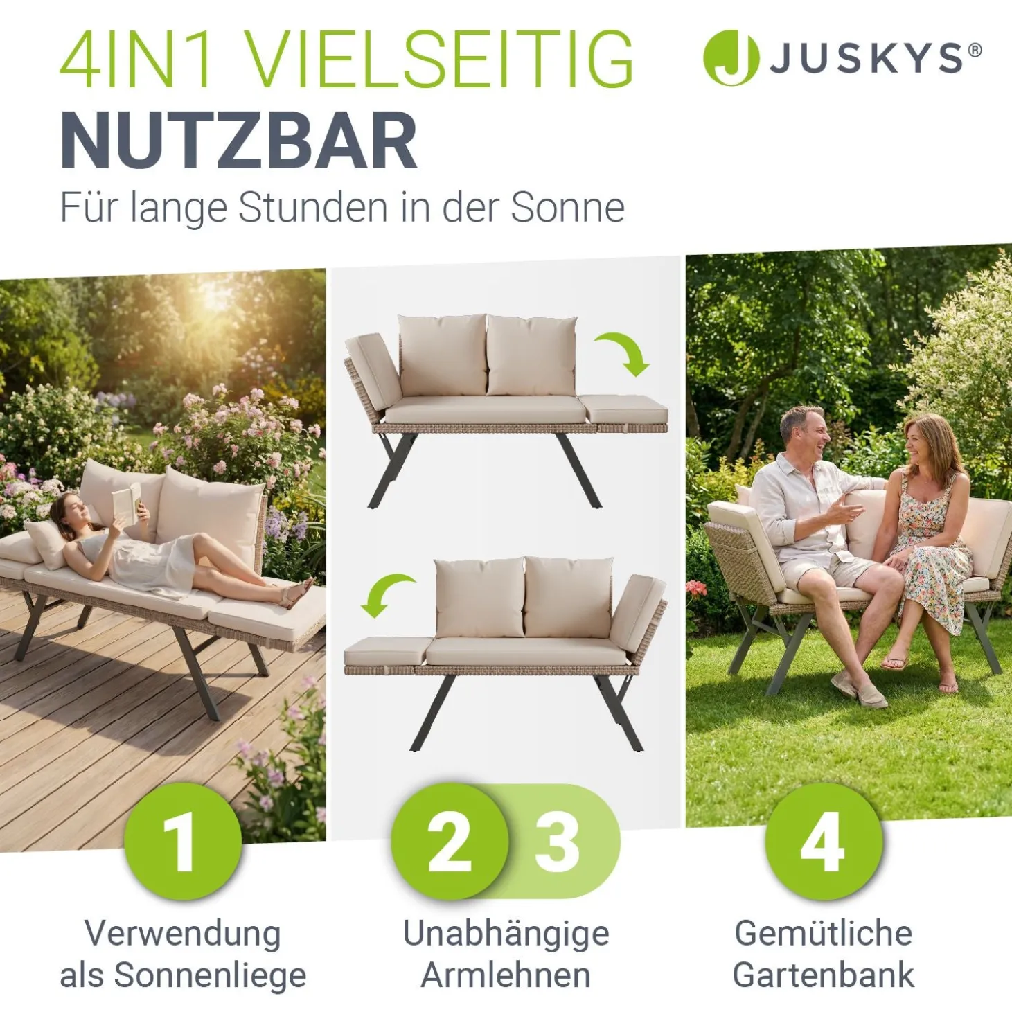 Polyrattan Multifunktionsbank Calvia Schwarz/Grau/Creme Wetterfestes Polyrattan Gartensofa mit Liegefunktion