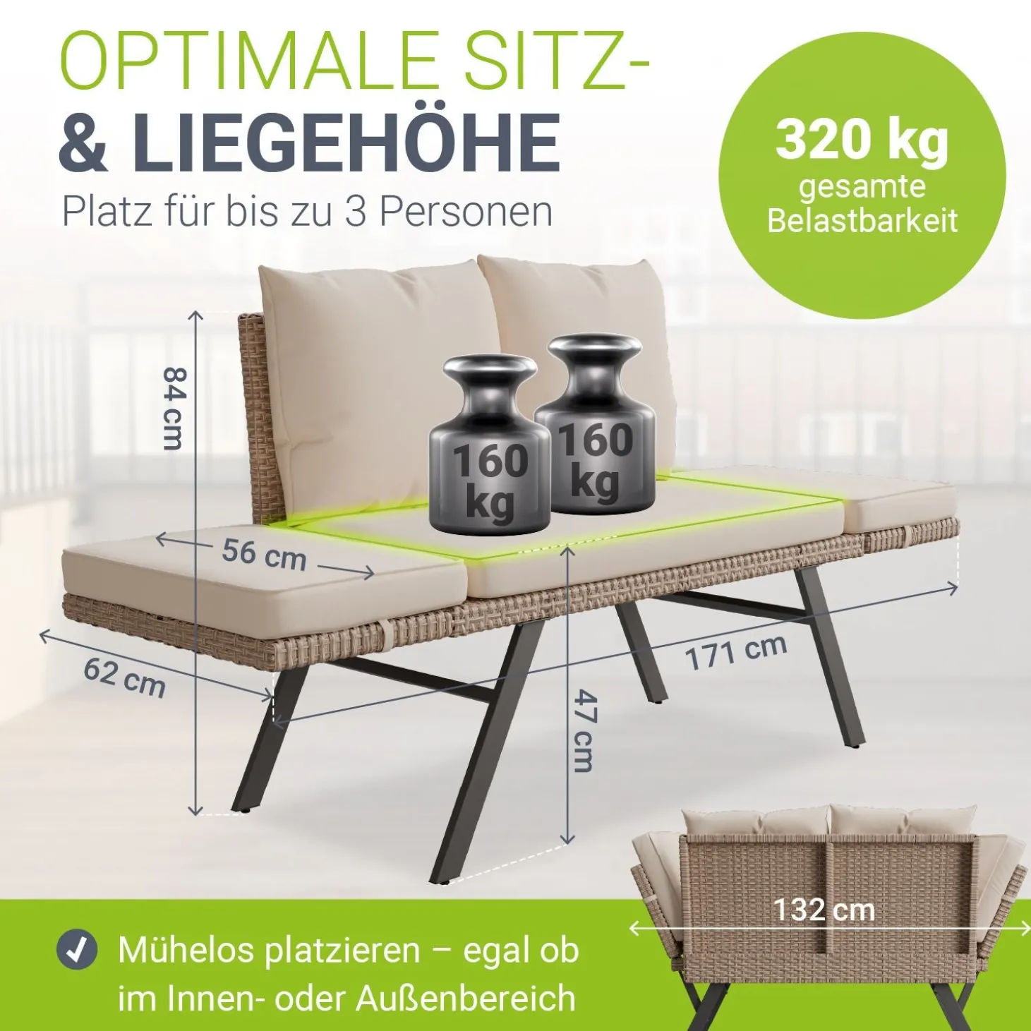 Polyrattan Multifunktionsbank Calvia Schwarz/Grau/Creme Wetterfestes Polyrattan Gartensofa mit Liegefunktion