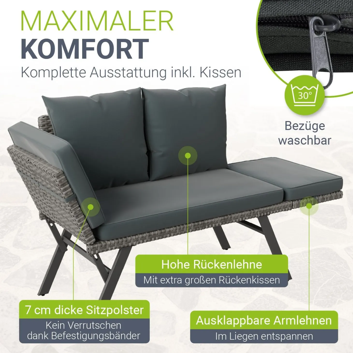 Polyrattan Multifunktionsbank Calvia Schwarz/Grau/Creme Wetterfestes Polyrattan Gartensofa mit Liegefunktion