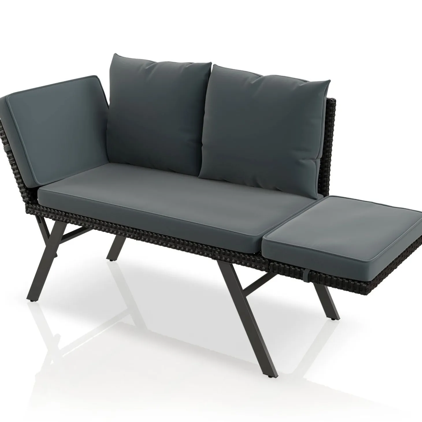 Polyrattan Multifunktionsbank Calvia Schwarz/Grau/Creme Wetterfestes Polyrattan Gartensofa mit Liegefunktion