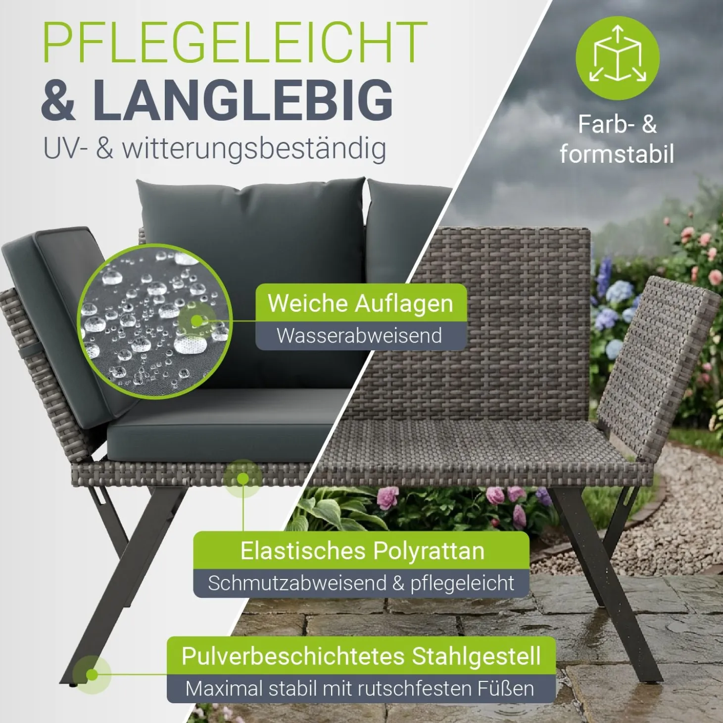 Polyrattan Multifunktionsbank Calvia Schwarz/Grau/Creme Wetterfestes Polyrattan Gartensofa mit Liegefunktion