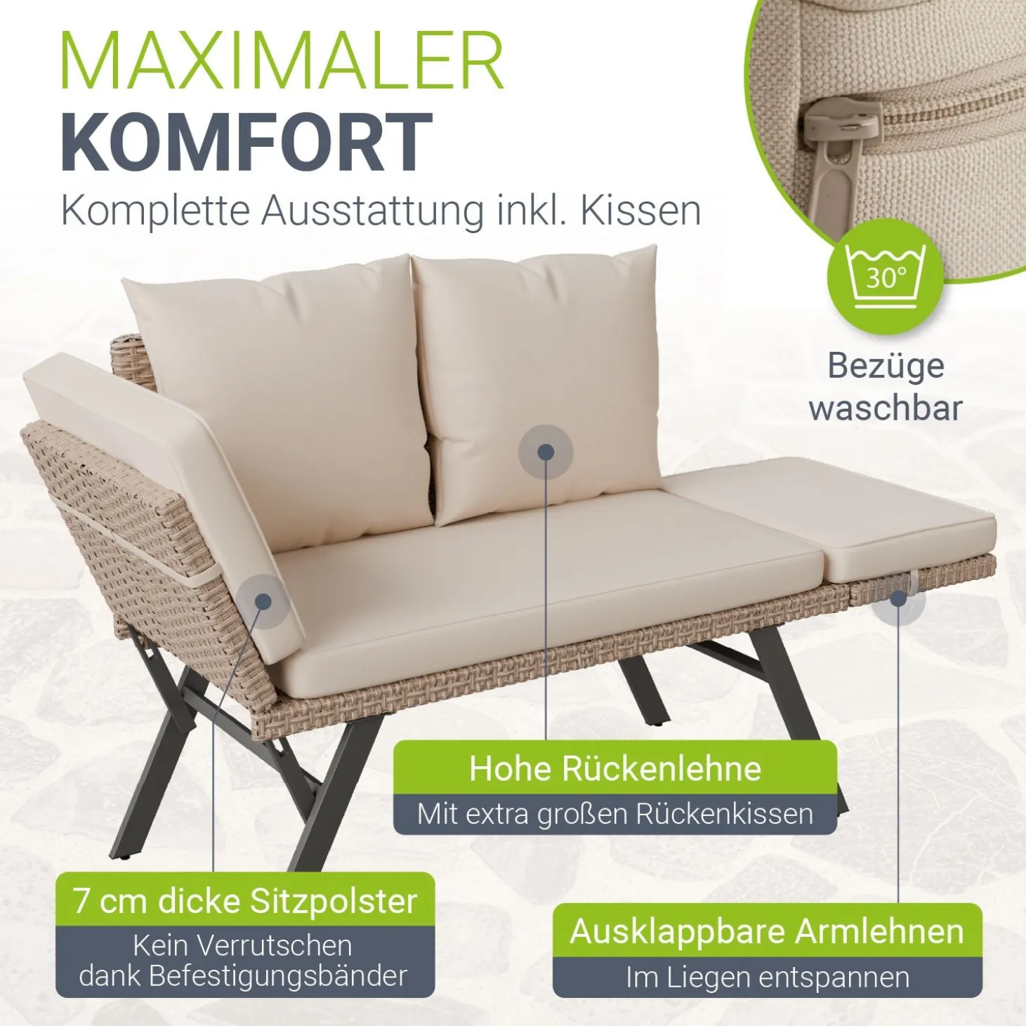 Polyrattan Multifunktionsbank Calvia Schwarz/Grau/Creme Wetterfestes Polyrattan Gartensofa mit Liegefunktion