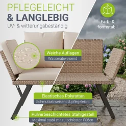 Polyrattan Multifunktionsbank Calvia Schwarz/Grau/Creme Wetterfestes Polyrattan Gartensofa mit Liegefunktion