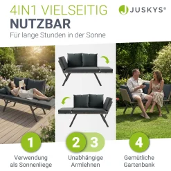 Polyrattan Multifunktionsbank Calvia Schwarz/Grau/Creme Wetterfestes Polyrattan Gartensofa mit Liegefunktion