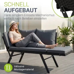 Polyrattan Multifunktionsbank Calvia Schwarz/Grau/Creme Wetterfestes Polyrattan Gartensofa mit Liegefunktion