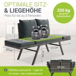 Polyrattan Multifunktionsbank Calvia Schwarz/Grau/Creme Wetterfestes Polyrattan Gartensofa mit Liegefunktion