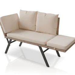 Polyrattan Multifunktionsbank Calvia Schwarz/Grau/Creme Wetterfestes Polyrattan Gartensofa mit Liegefunktion