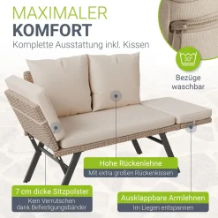 Polyrattan Multifunktionsbank Calvia Schwarz/Grau/Creme Wetterfestes Polyrattan Gartensofa mit Liegefunktion